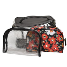 Load image into Gallery viewer, 3 Piece Clear Train Case with floral and sparkle make up bags