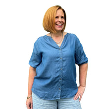 Load image into Gallery viewer, Denim Delight Short Sleeve V Neck Button Shirt