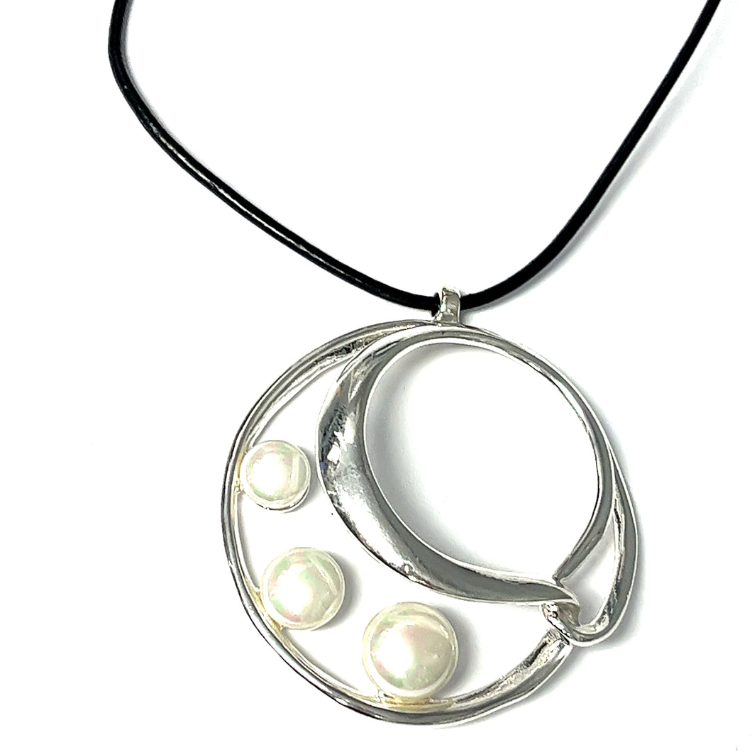 Triple Button Pearl Interlocked Circle on Leather Cord Necklace