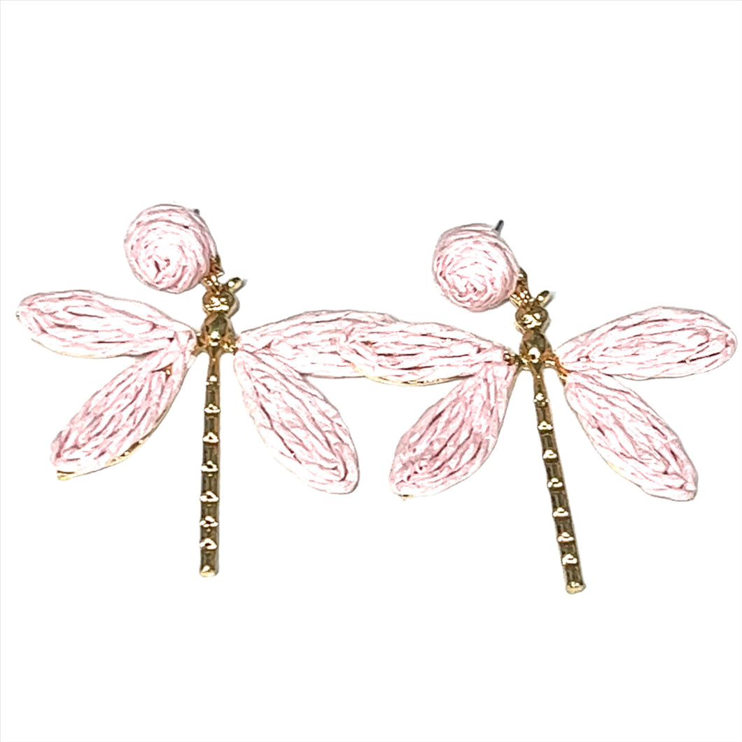 Raffia Wrap Pink Dragon Fly Earrings