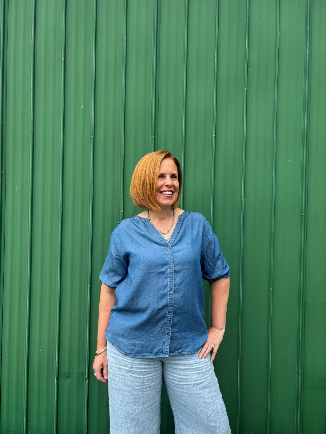 Denim Delight Short Sleeve V Neck Button Shirt