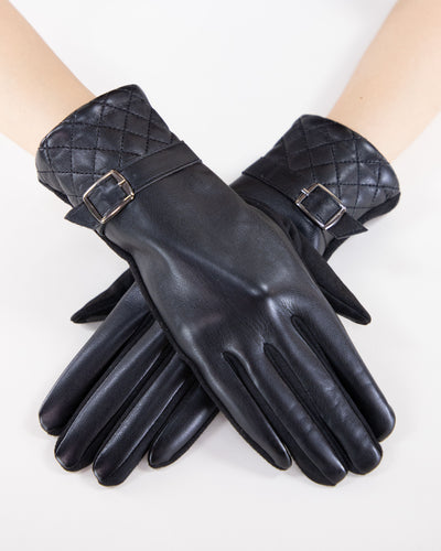 Faux Leather, Quilted, Buckle Detail Gloves