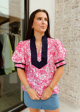 Load image into Gallery viewer, Graphic Pink Garden Short Sleeve Blouse
