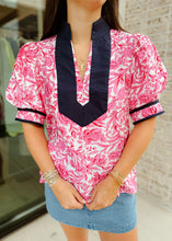 Load image into Gallery viewer, Graphic Pink Garden Short Sleeve Blouse
