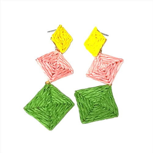 Raffia Wrap Three Squares Drop Colorful Earrings