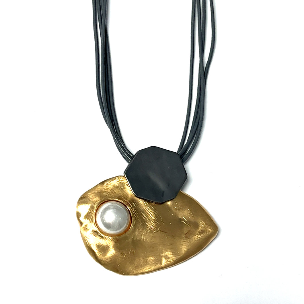 Duo Tone with Pearl and Leather Cord Necklace