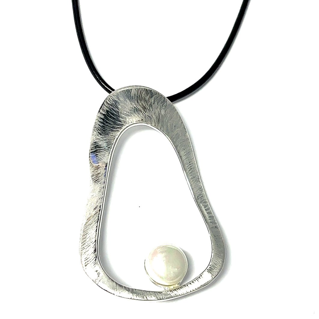 Artistic Oblong Design with Pearl Button on Leather Cord Necklace