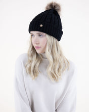 Load image into Gallery viewer, Cable Knitted Beanie with Vegan Fur Pom Pom
