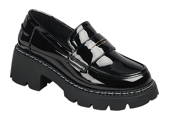 Elevated Style Black Patent Lug Sole Loafer