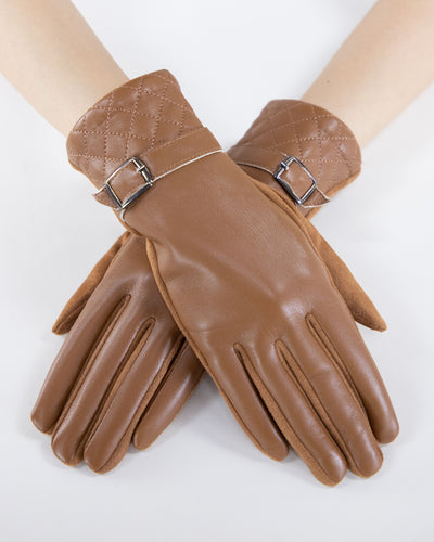 Faux Leather, Quilted, Buckle Detail Gloves