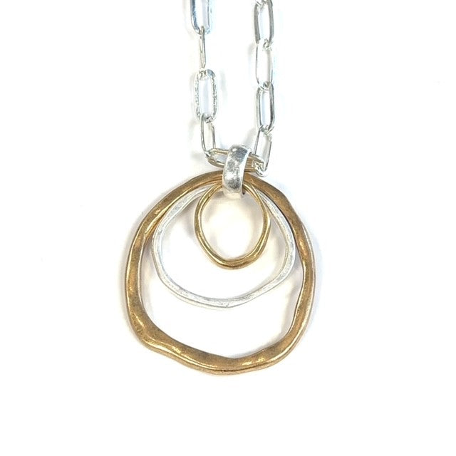 Triple Loop Hammer Silver & Gold Long Necklace
