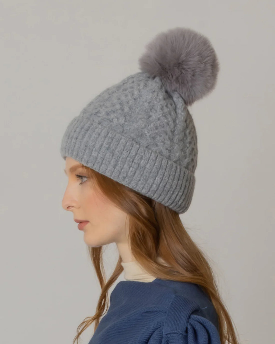 Fancy Cable Knit Winter Hat with Pom Pom