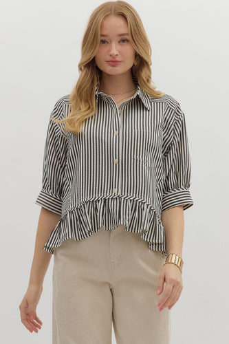 Blue & White Casual Button Down Blouse with Front Pocket