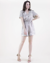 Load image into Gallery viewer, Metallic Short Sleeve Button Front Belted Romper
