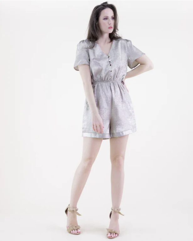 Metallic Short Sleeve Button Front Belted Romper