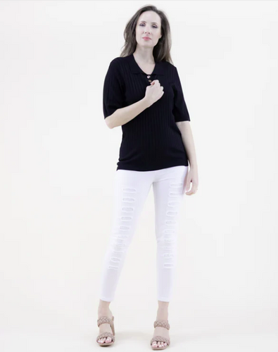 Cutest Collared Short Sleeve Button Front Ribbed Knit Top